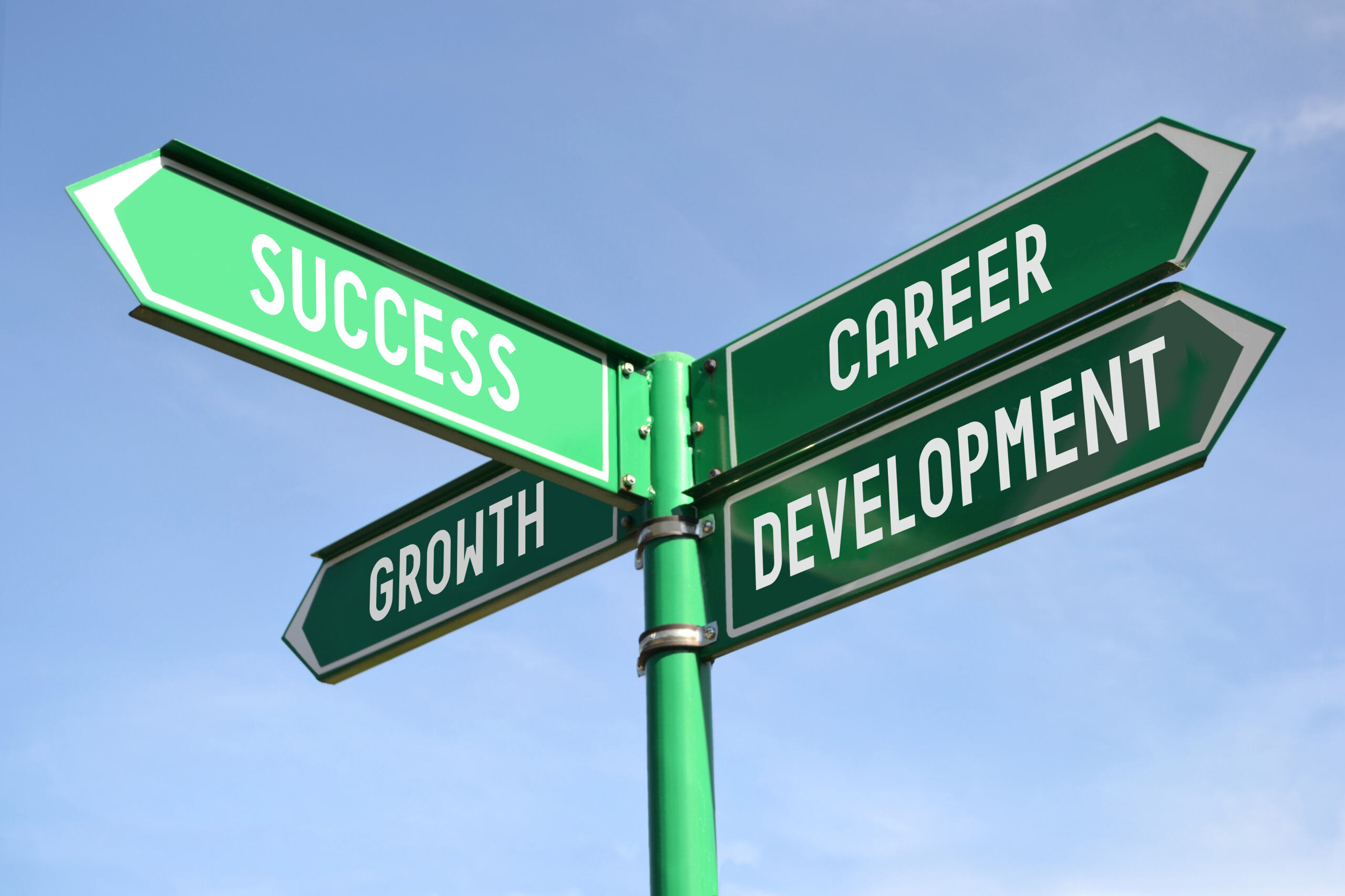 A green street sign says growth, success, and career development