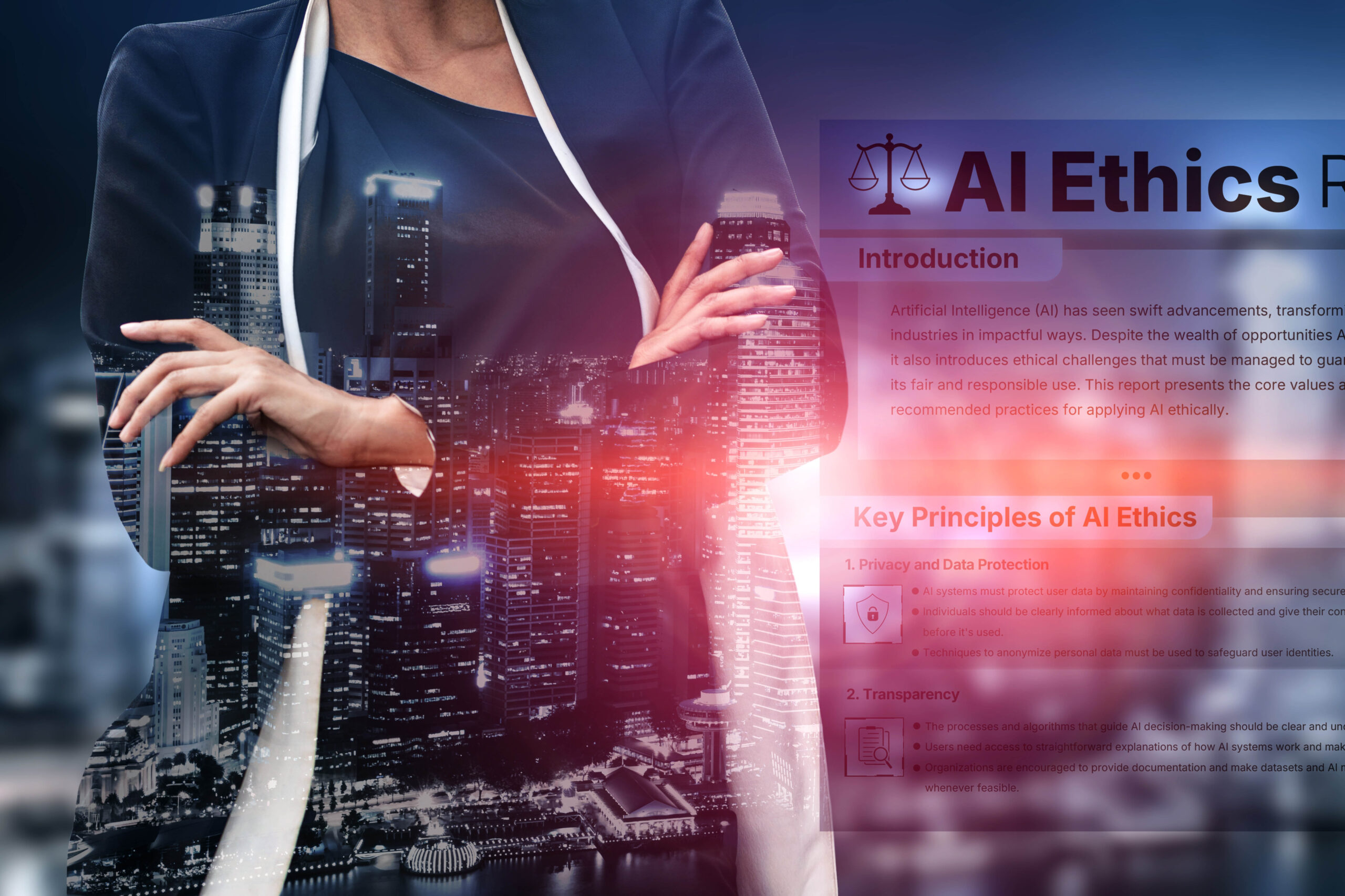 A woman crosses her arms while contemplating ethical uses of artificial intelligence and AI's amorality.