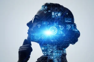 A woman looks to the side holding her chin as her head is overshadowed by an AI graphic illustrating deep learning.