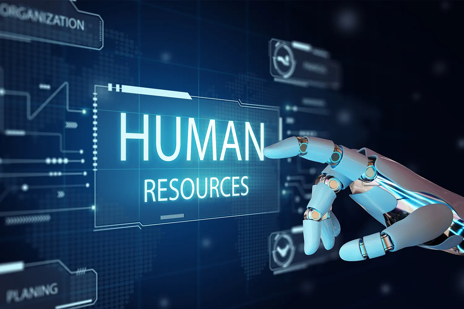 A robot finger points at a screen that reads "Human Resources"